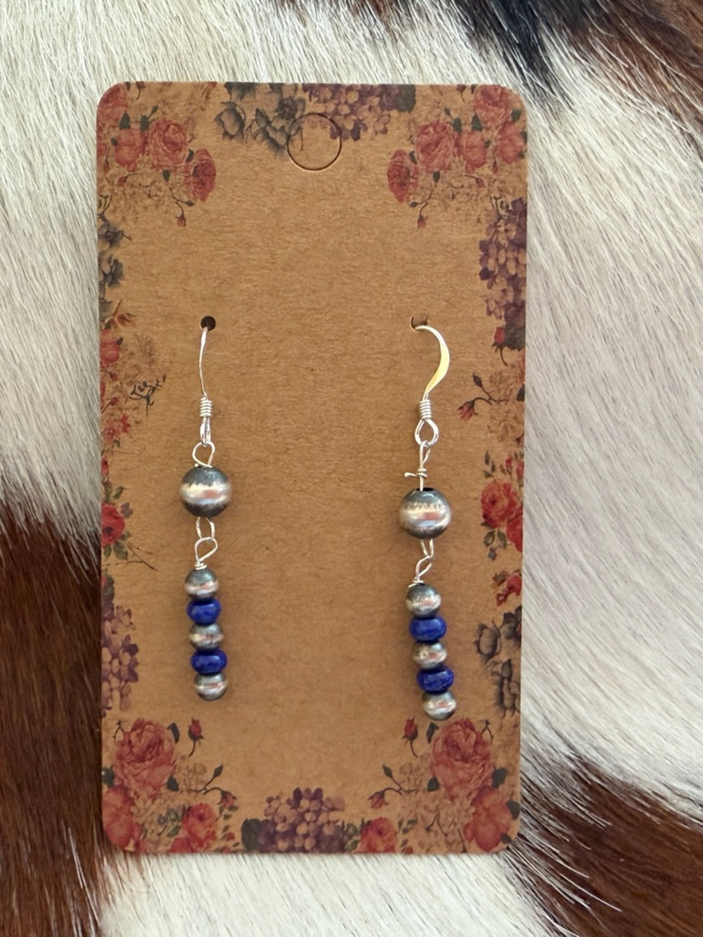 ❤️ Native Artisan Lapis Luzuli Navajo Desert Pearls Sterling Dangle Earrings USA - Picture 7 of 8